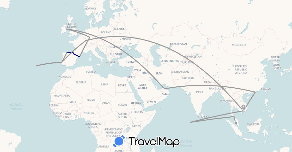 TravelMap itinerary: driving, plane in United Arab Emirates, Germany, Spain, France, Maldives, Malaysia, Oman, Portugal, Thailand, Vietnam (Asia, Europe)